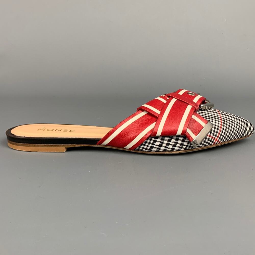 MONSE Size 8 Red & Black Fabric Buckle Pointed Toe Mule Flats